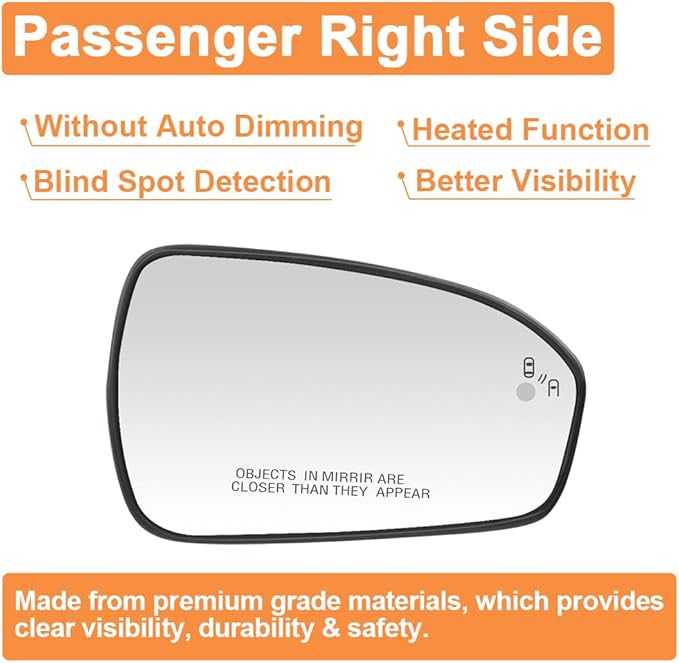 Senzeal Passenger Side Heated Mirror Glass with Blind Spot Detection BLIS for Ford Fusion 2013 2014 2015 2016 2017 2018 2019 2020 2021 DS7Z17K707C DS7Z-17K707-C (No Auto Dimming)(Right Side)