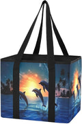 Jumping Dolphin Reusable Grocery Bags Large Shopping Tote Bag with Reinforced Bottom Board, Water Resistant Foldable Storage 