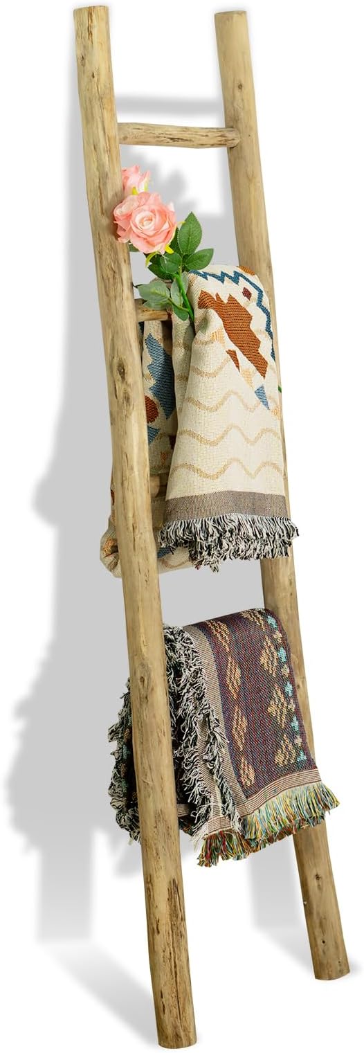 Fully Assembled Wood Ladder for Blankets, 5-Layer Structure Towel Rack, Farmhouse Style, Durable and Convenient Throw Blanket