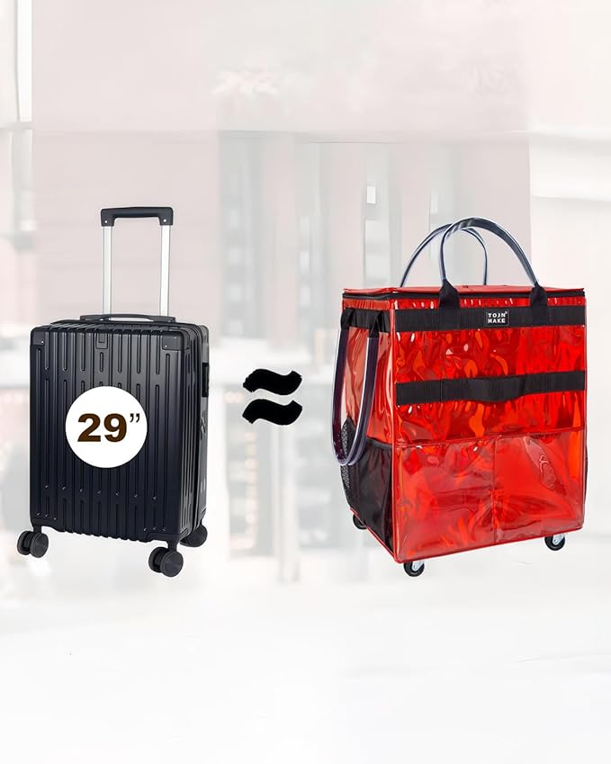 Reusable Grocery Bag with Wheels (Large, Glitter Red), Rolling Shopping Bag with 8 Pockets and Zipper Cover Foldable Rolling Tote for Women, Travel, Garden, Carries Up to 76LBS