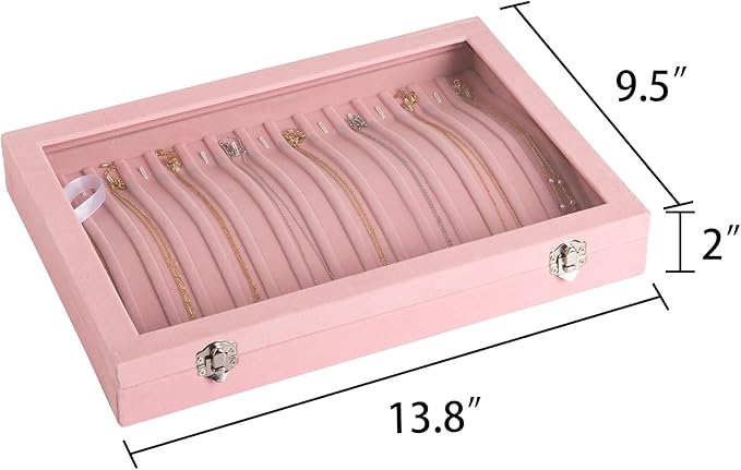 Frebeauty 15 Hooks Necklace Tray Velvet Neckalce Organizer with Clear Lid Lockable Necklace Holder Box Jewelry Organizer for 