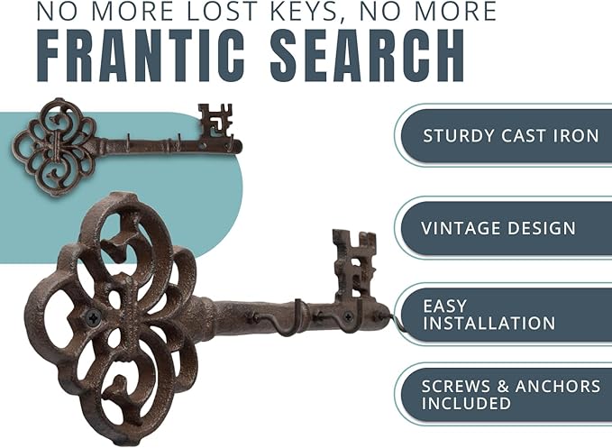 Comfify Cast Iron Skeleton Key Holder for Wall - Decorative Farmhouse Rustic Wall Mount Key Organizer - 3 Key Hooks - Vintage