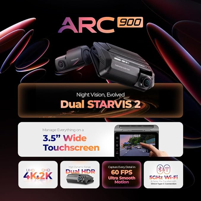 THINKWARE ARC900 2CH 4K HDR Dual Dash Cam Front and Rear - 4K+2K STARVIS 2, Super Night Vision 4.0, Low Power Parking Mode, 3