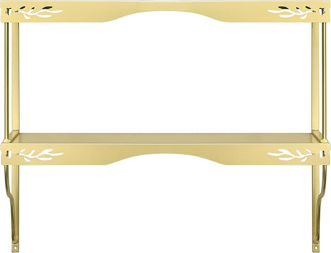 Elegant Gold Wall Shelf — 2 Tier Decorative Metal Storage Floating Shelf with Openwork Floral Pattern, 20" x 24"