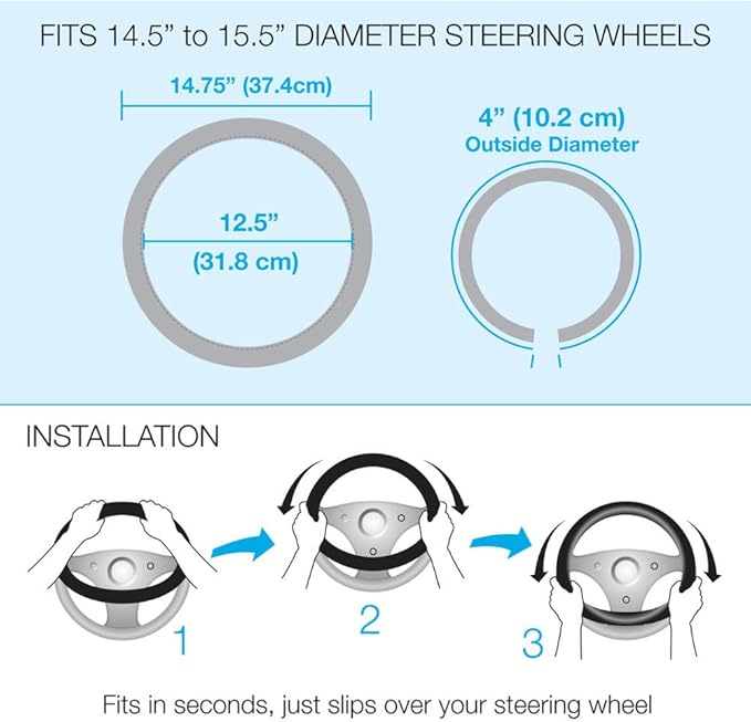 BDK Gray Leather Car Steering Wheel Cover Large Size 15.5 to 16 inch, Easy Installation