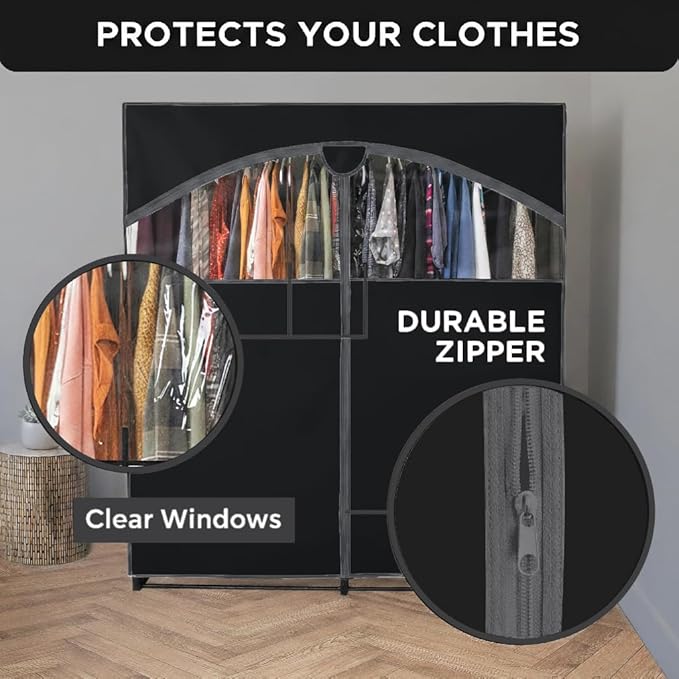 HOLDN’ STORAGE Portable Wardrobe Closet - 65 lb Large Capacity, Internal Heavy Duty Metal Rod, Zipper & Clear Window, Durable