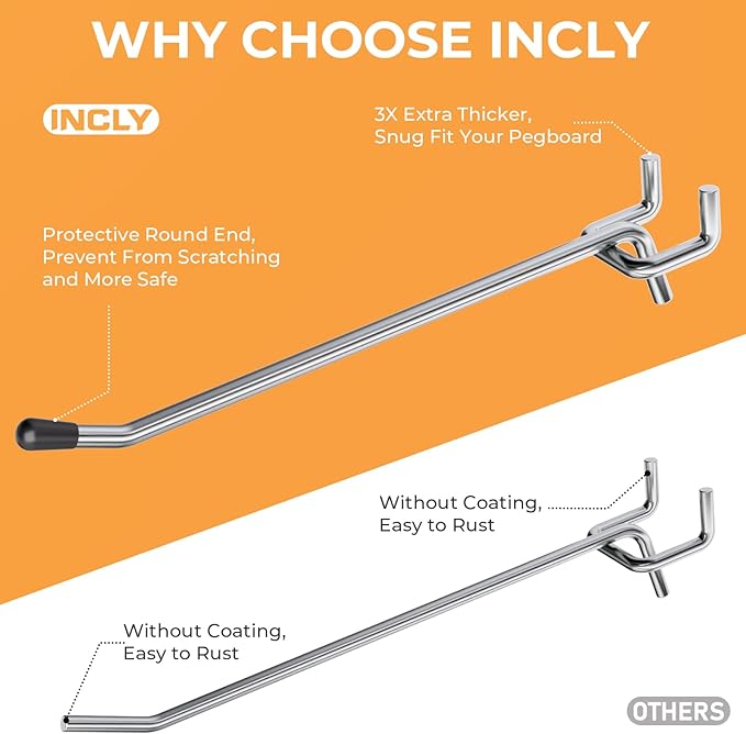 INCLY 50 Pack 6 Inch Pegboard Hooks, 1/4" Heavy Duty Peg Board Hooks Accessories with Rubber Tipped, Peg Board Tool Hangers F