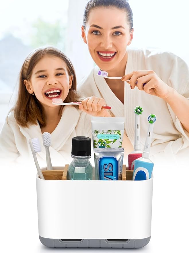 GFWARE Toothbrush Holders for Bathrooms - Bamboo Divider Toothbrush and Toothpaste Holder with Drainage, Kids Electric Toothb