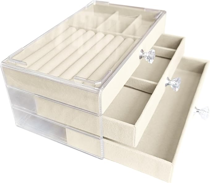 Clear Acrylic Velvet Jewelry Organizer with 3 Drawers, Stackable Display Storage Earrings Necklace Rings Bracelets Box Holder
