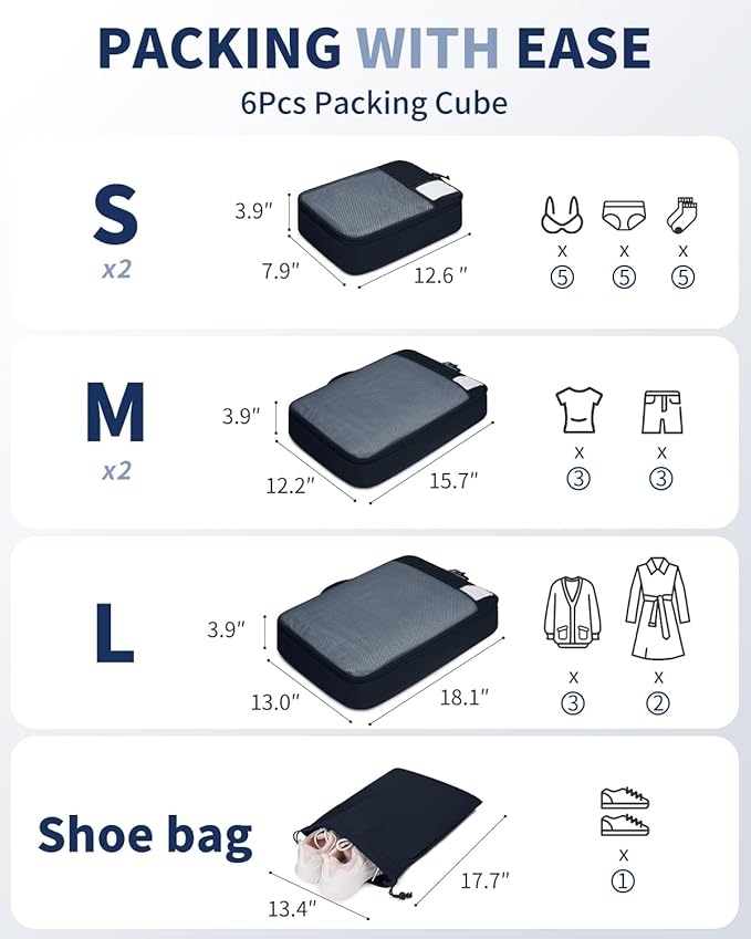 ECOHUB 6 Set Packing Cubes for Travel Durable Suitcase Organizer Bags Set with Personalized Tag Travel Essentials with Shoe B