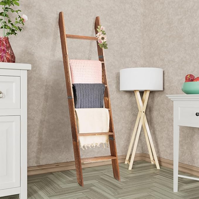 Decorative Wooden Blanket Ladder for the Living Room and Bedroom, 5ft 8 inch, Pine Wood Quilt Ladder, 6-Tier Wall Leaning Bla