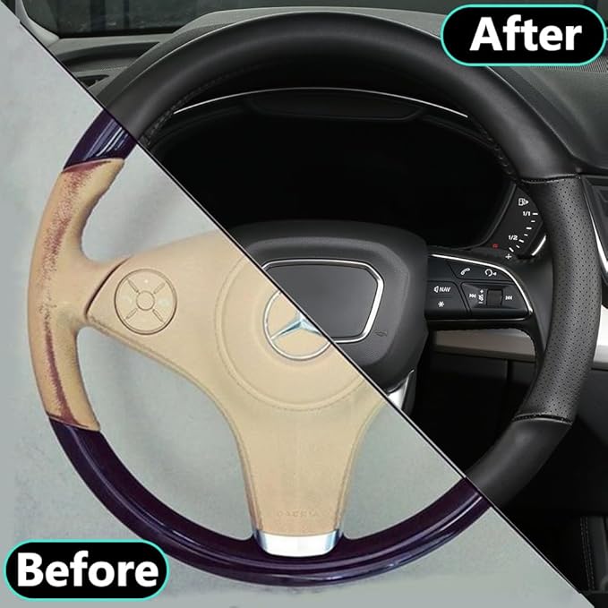 Cxtiy Genuine Leather Steering Wheel Cover with Ventilation Holes Luxury Cowhide,Breathable and Anti-Slip,14.5-15 inch(Black)