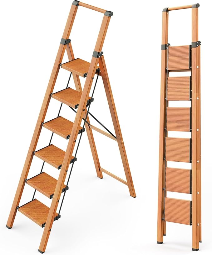 WOA WOA 6 Step Ladder, Folding Ladder with Handrails for High Ceilings, Indoor Tall Ladders with Wide Pedals, Lightweight Alu