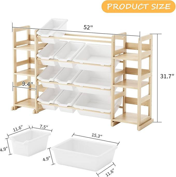 EXPERLAM Extra Large Toy Storage - Toy Storage Organizer, Wooden Toy Organizer with 6 Side Shelves and 12 Bins, 3-in-1 Booksh