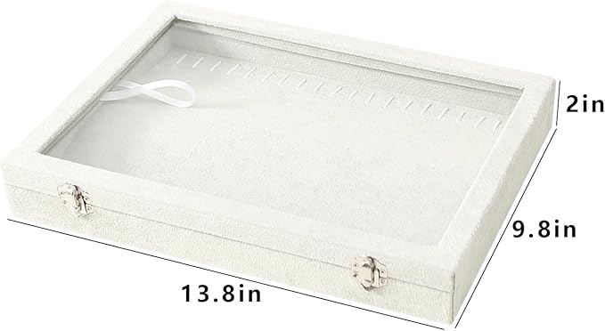 Coward 20 Hooks Necklace Organizer Jewelry Box, Grey Beige Velvet Necklace Display Tray Case with Transparent Glass Lid for H