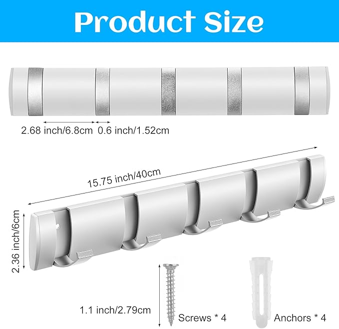 2 Pack Wall Mounted Coat Rack, Foldable Floating Rack, Space Saving Hangers Hook Rail with 5 Retractable Hooks, Aluminum Mode