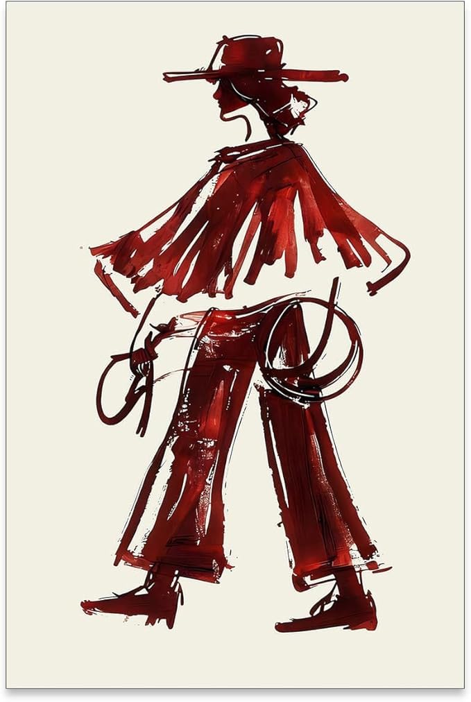 Vintage Western Cowboy Wall Art Decor Red Wine Cowgirl Posters Burgundy Cowgirl Prints Midwest Rustic Cowboy Painting Picture