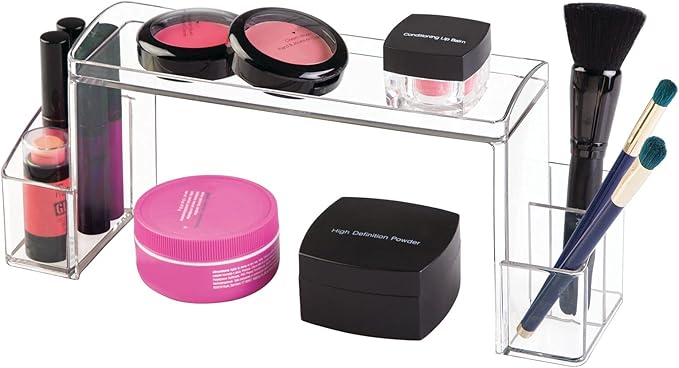 mDesign Small 2-Tier Plastic High-Rise Bathroom Cabinet Organizer - Vitamin Bottle, Medicine, Makeup Storage Shelf for Sink, 