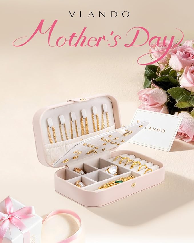 VLANDO Travel Jewelry Case, PU Leather Travel Jewelry Box with Earring Holder, Portable Display Small Jewelry Box for Mothers