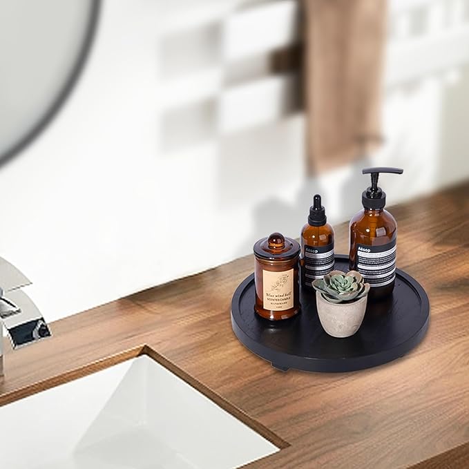 Round Decorative Tray Wood Bathroom Counter Organizer Farmhouse Kitchen Decor Wooden Riser for Soap Dish, Perfume, Candle, Sp