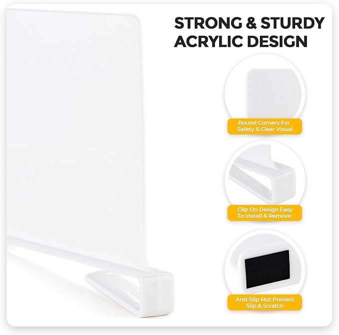 JOY DECOR 6 Pack Acrylic White Shelf Dividers for Closets Organizer and Storage Adjustable Vertical Wood Shelf Closet Separat