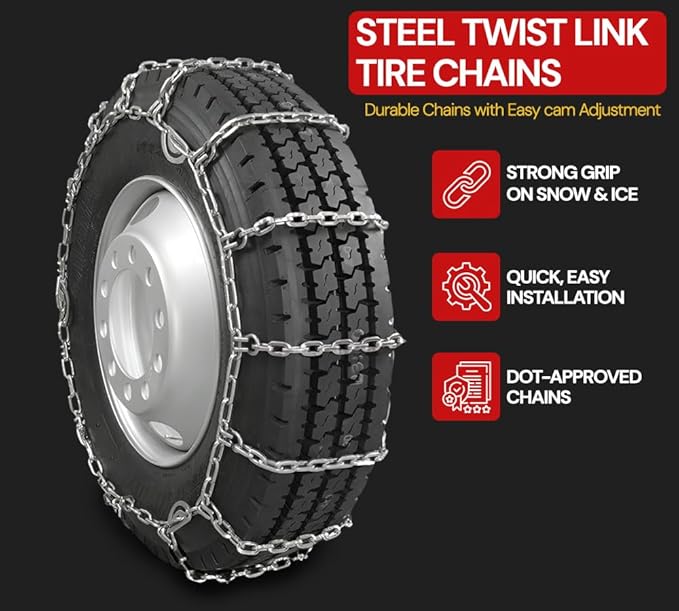 Mytee Products Truck Tire Chain Kit – (Set of 2) CAM Square Link Snow Tire Chain for 24.5" Tires, 14" Tire Chain Wrench (1Pc)
