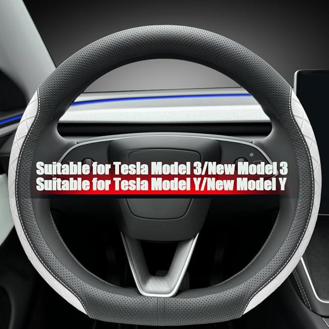 LKWLIKEI Leather Steering Wheel Cover. Elegant Diamond Checkered Design, Non-Slip and Breathable, for Tesla Model 3/Y Steerin