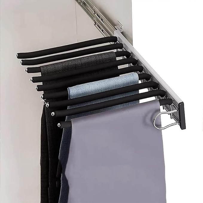 Pull Out Clothes Rail Extendable Pull Out Closet Rod - Wardrobe Pull-Out Trousers Rack, Expandable Wardrobe Rack 9 Trouser Wa