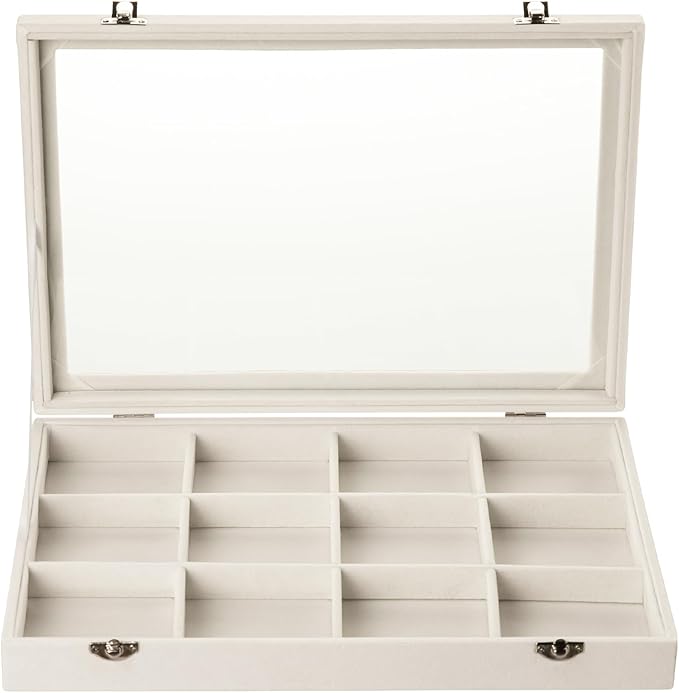 Frebeauty Velvet Jewelry Tray,12 Grid Jewelry Organizer with Clear Lid,Bracelets Holder,Jewelry Display Case with Clasp,Drawe