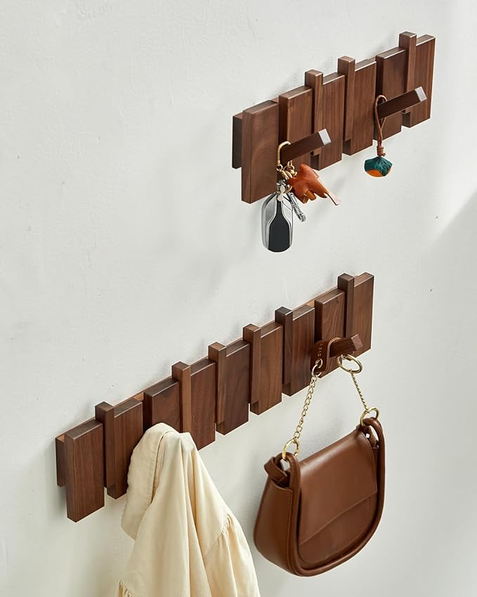 Wood Coat Rack Wall Mount - Large Walnut Piano Coat Rack wtih 5 Hooks for Hanging Clothes,Keys,Robes,Purse,Towels,Modern Deco