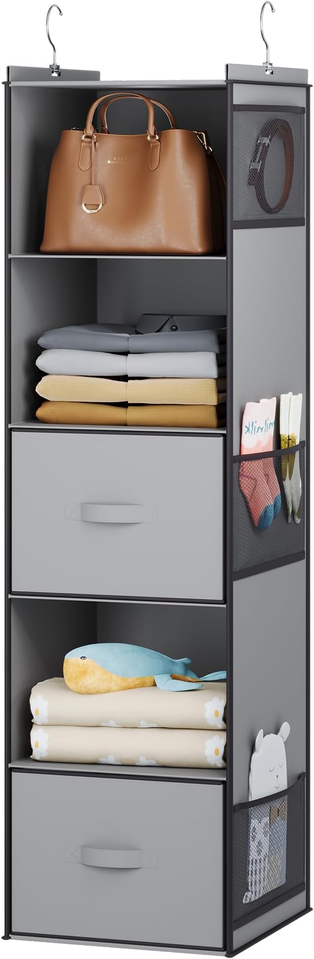 YOUDENOVA Hanging Closet Organizer, 5 Tier Hanging Closet Shelves with 6 Side Pockets and 2 Drawers, Light Grey