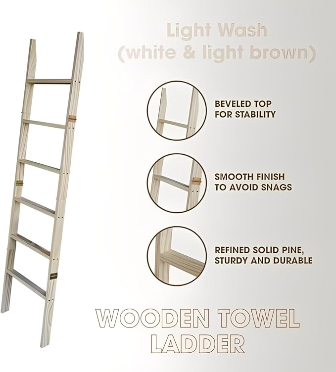 Blanket Ladder for Living Room 6-Tier, Wooden Decorative Quilt Holder for Bed Room, Wall-Leaning Towel Rack for Bathroom, Dec