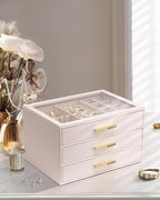 Vlando Jewelry Box for Women, Glass Lid Jewelry Organizer with 3 Drawers for Necklaces Rings Earrings Bracelets - Light Pink