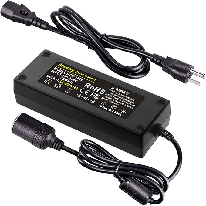 AC to DC Converter, 100V ~ 240V to 12V 10A 120W, Car Cigarette Lighter Socket AC/DC Power Supply Adapter Transformer for Tire