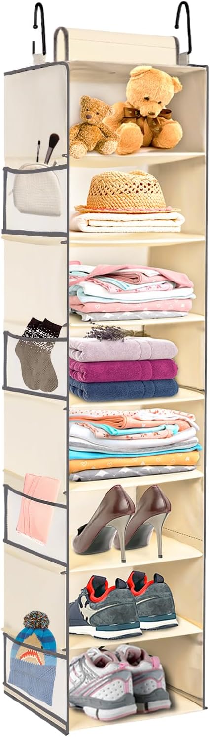 Large-Sized Hanging Shoe Organizer 8-Shelf, Hanging Closet Organizer with 8 Side Pockets, Wider Hanging Shelves for Storage S