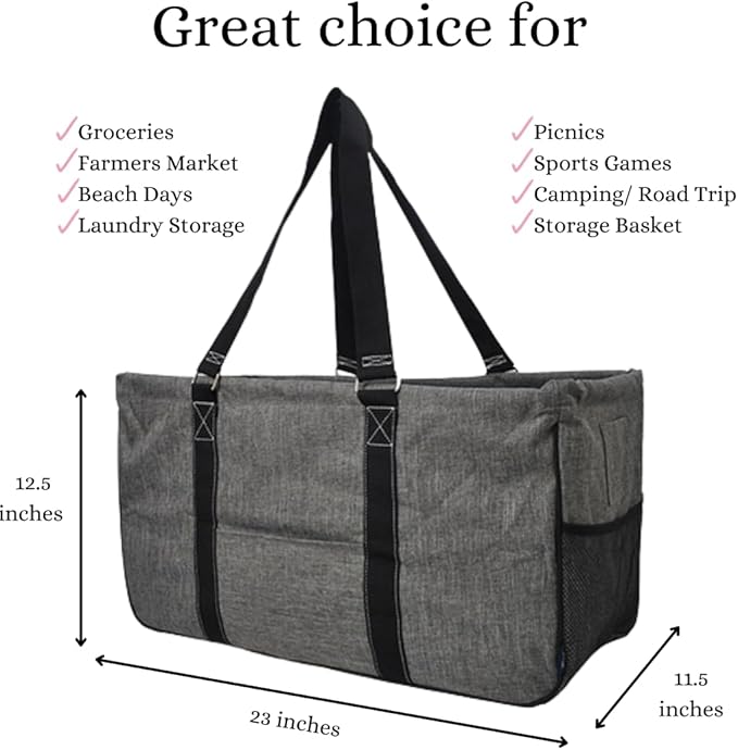 NGIL Extra Large Utility Tote Reusable Grocery Bag Oversized Collapsible for Groceries, Storage, Picnic, Beach (Gray)