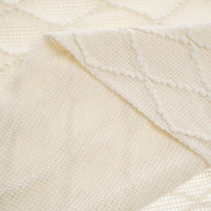 BATTILO HOME Large Cream Throw Blanket with Fringe, End of Bed Throw Blankets White,Spring Throw Blanket for Couch Sofa Indoo