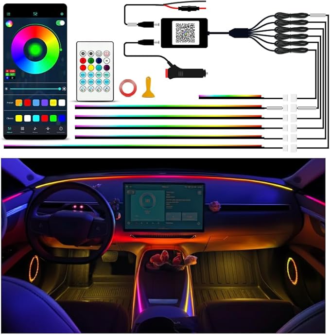 Ambient Lighting Car Led Lights Interior Kit,6 in 1 RGB Music Sync Acrylic Led Lights for Car Interior,175 inches DIY Fiber Optic Neon Accent Strip Ambiance Lighting with Wireless APP Remote