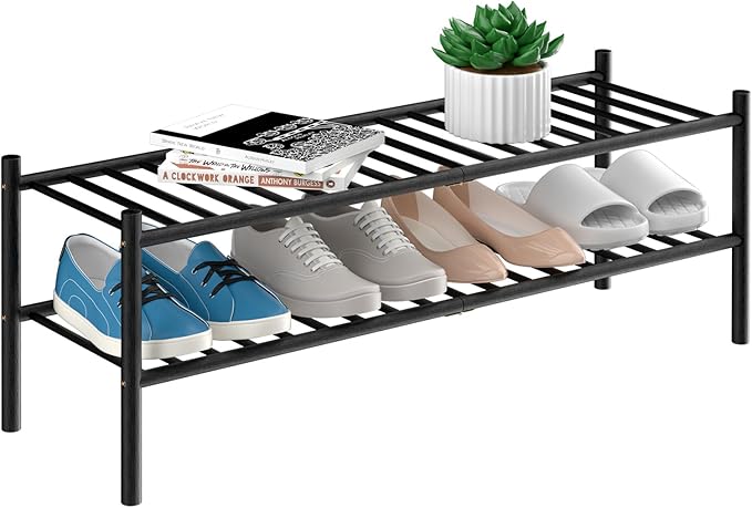 ROMGUAR CRAFT 2-Tier Bamboo Long Shoe Rack, Free Standing Wood Shoe Shelf Storage Organizer for Closet Entryway Stackable 35"