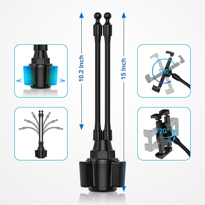 Dual Car Tablet Mount for Cup Holder, Gooseneck Car Cupholder Tablet Holder with Strong Long Arm 10" for 4-12.9" Devices, iPad Pro Air Mini, Galaxy Tabs, Huawei, iPhone, Tablets & Phones