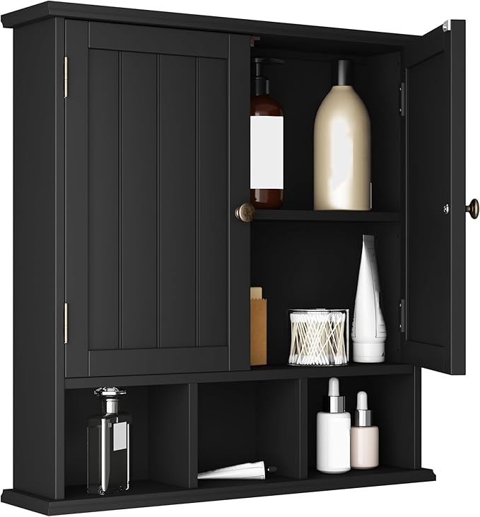 ChooChoo Bathroom Cabinet Wall Mounted 2-Door with 3 Open Shelves， Wooden Medicine Cabinets with Adjustable Shelf，Space Saver