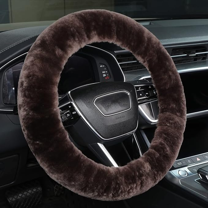 Soft Fluffy Sheepskin Car Steering Wheel Cover for Universal Auto Vehicle Women Man 14 1/2 inch-15 1/2inch Fuzzy Accessories 