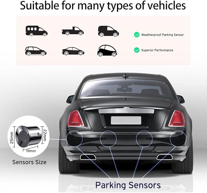 EKYLIN Wireless Car Parking Sensor, Reverse Radar System with 4 Parking Sensors, Wireless LED Distance Display with Sound Warning + 4 Gray Color Car Reverse Parking Sensors for Cars Vans RV Trailer