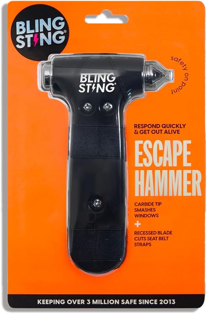 BLINGSTING Safety Hammer - Emergency Automotive Escape Tool with Window Breaker, Seat Belt Cutter & Adjustable Car Visor Stra