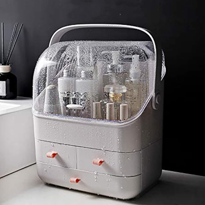 LINFIDITE Cosmetic Storage Box with Lid Waterproof&Dustproof Makeup Organizer Box Portable Handle,Large Makeup Display Case w