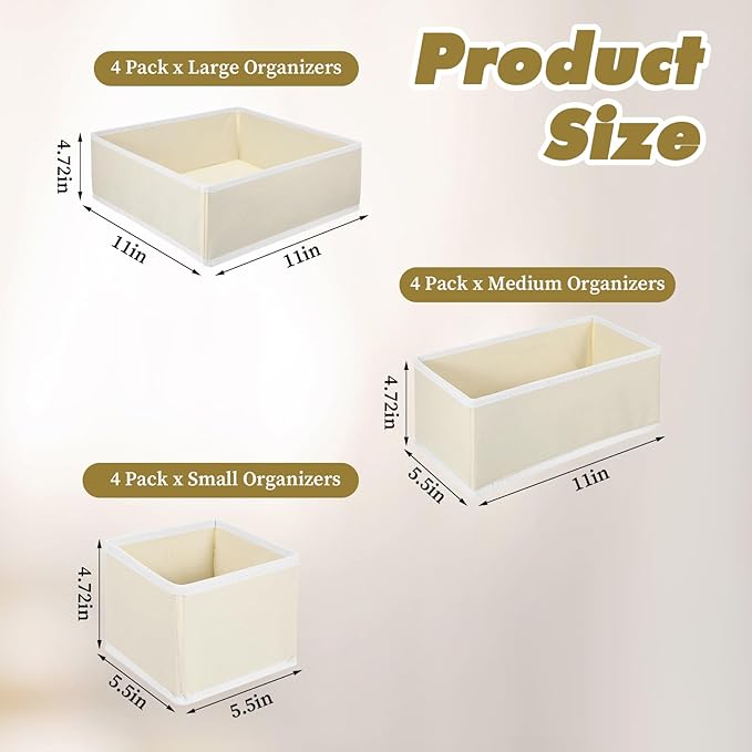 12 Pack Linen Drawer Organizer Set – Collapsible Fabric Storage Bins for Baby Clothes, Diapers, Socks, Bras & More (Beige, 3 