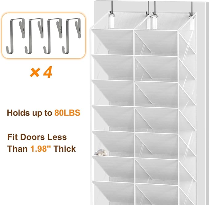 UVIAHOMI 20-30 Pairs Over the Door Shoe Organizer, Clear Pockets Hanging Shoe Storage for Closet, 10-Tier Door Shoes Rack, Ha