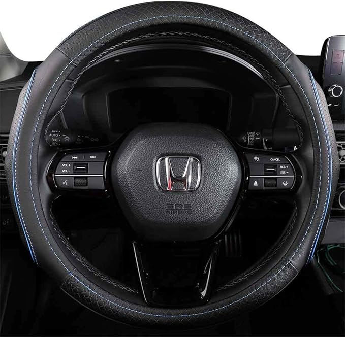 EKR Universal 15 inch Leather Steering Wheel Cover - Genuine Leather, Breathable, Anti Slip & Odor Free (Black with Blue Lines, M(14" 1/2-15" 1/4))