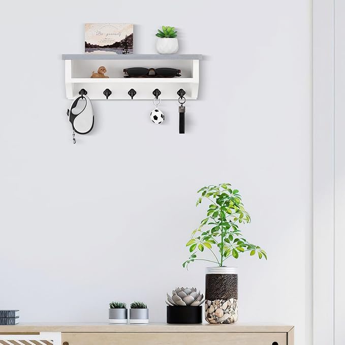 Nekon Key Holder Wall Mount, Wall Organizer Shelf with 5 Key Hooks, Room Decor for Home and Apartment Essentials, Gray and Wh