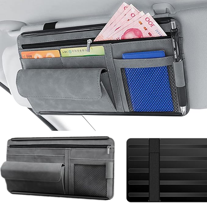 Car Sun Visor Organizer Auto Interior Accessories Storage Pocket Organizer with Multi-Pocket Net Zipper Pouch Sunglass Holder for Car Truck SUV Case Bag for Card License Registration